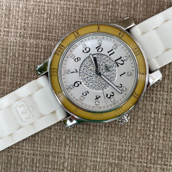 Juicy Couture Ladies Wrist Watch Crytals Accent Face White Rubber Band Quartz - Picture 4 of 12